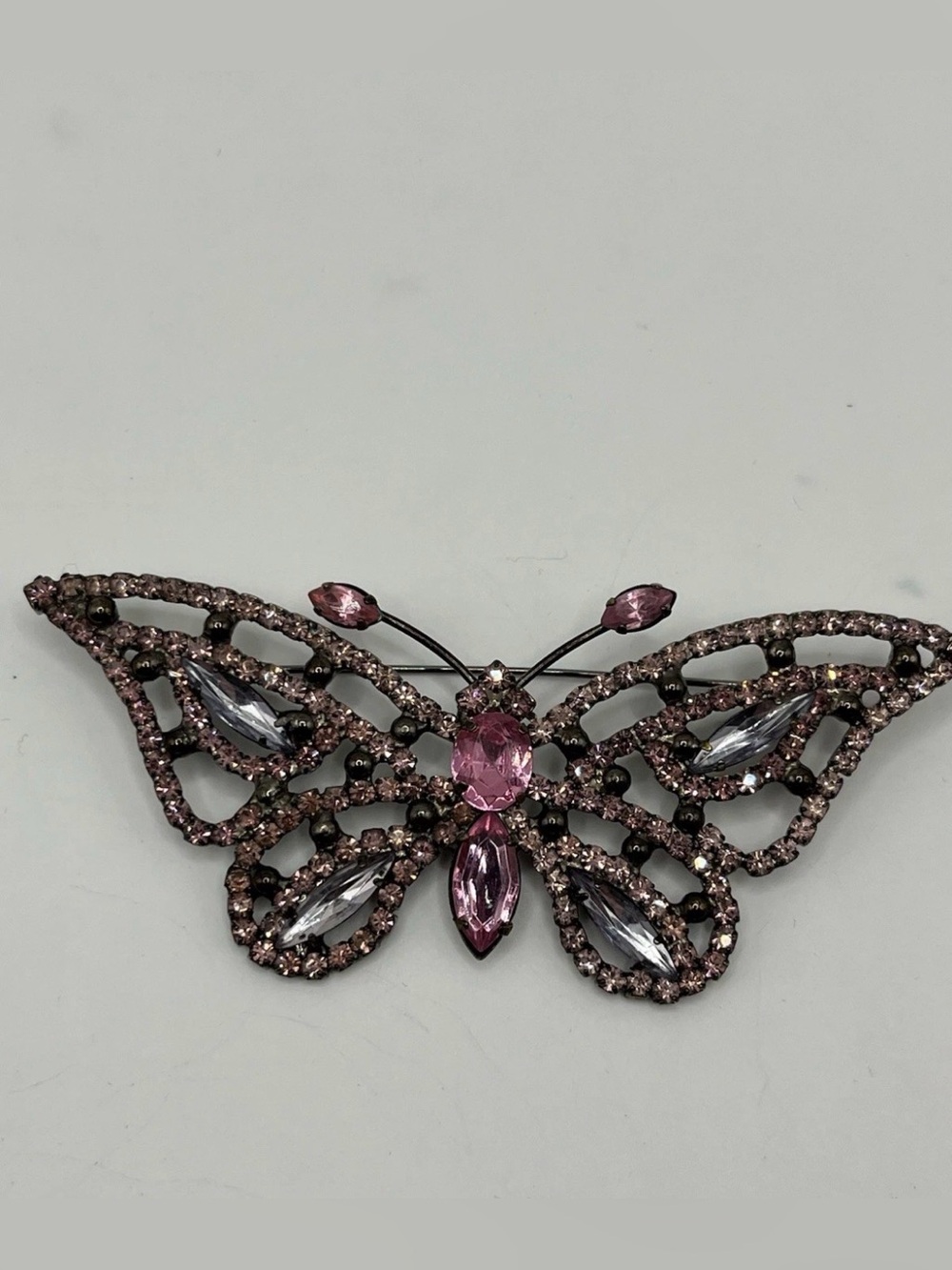 Vintage Pink & Gray Rhinestone Butterfly Brooch